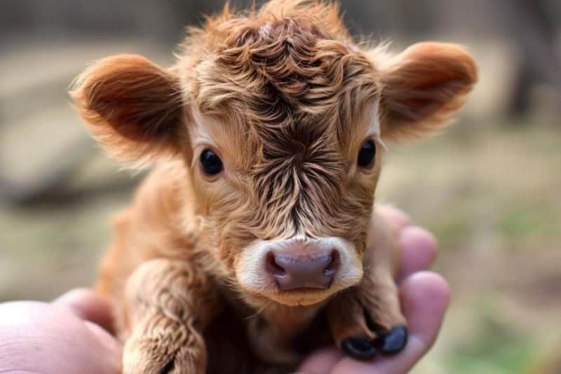 a teacup mini cow in hand